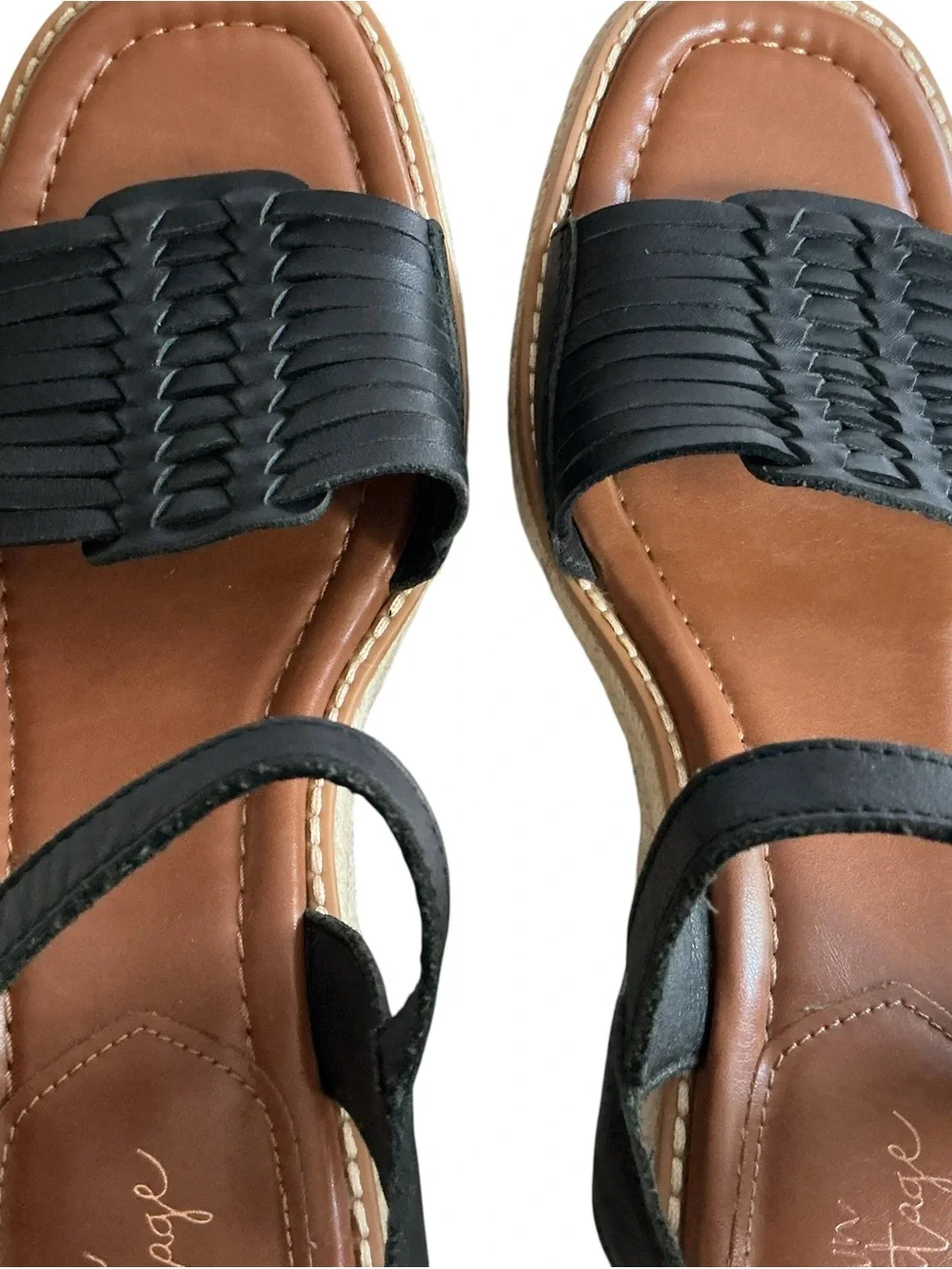 Crown Vintage Hendra Espadrille Wedge Sandals Black Leather Strappy Size 8.5 M
